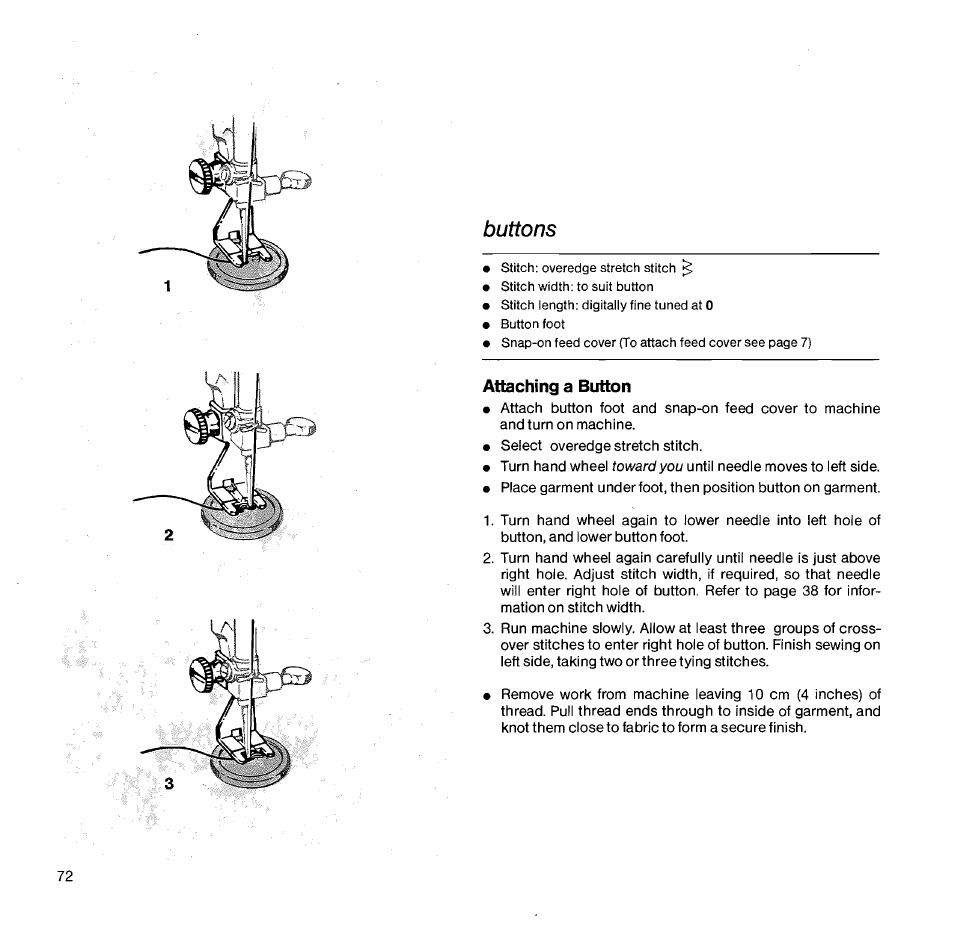 Buttons, Attaching a button | SINGER 1050 User Manual | Page 73 / 85