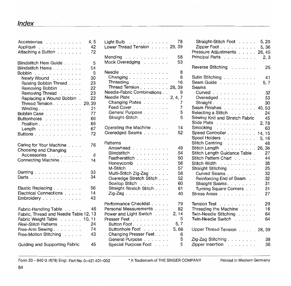 Index | SINGER 1050 User Manual | Page 85 / 85