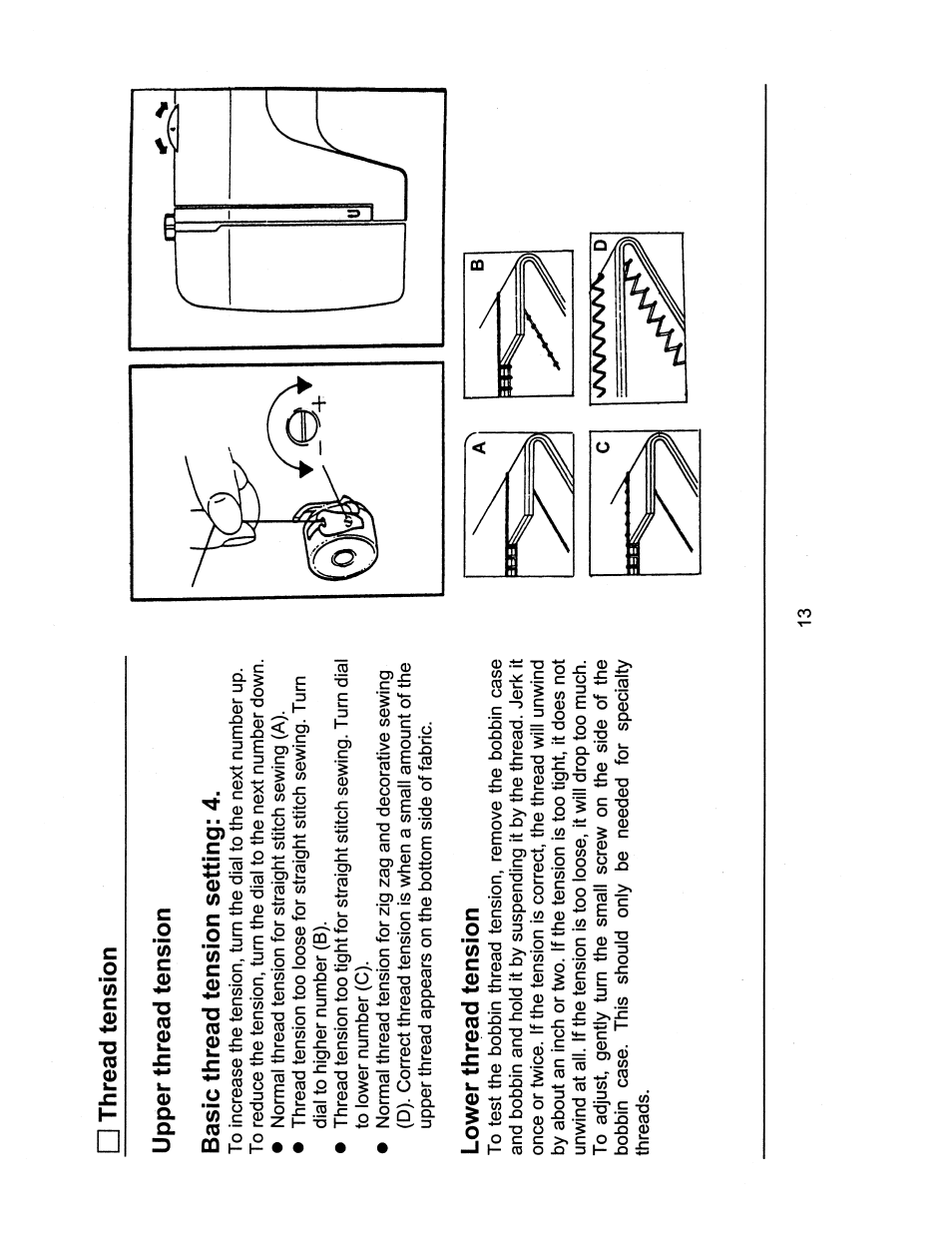 Thread tension, Upper thread tension, Basic thread tension setting: 4 | Lower thread tension | SINGER 1116 User Manual | Page 16 / 41