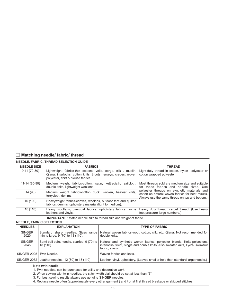 Matching needle/ fabric/ thread | SINGER 1120 User Manual | Page 21 / 38
