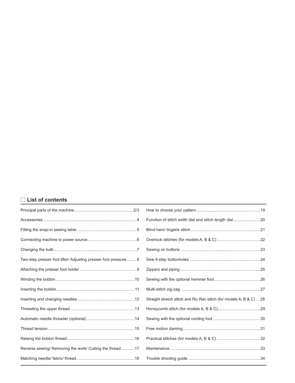 List of contents | SINGER 1120 User Manual | Page 4 / 38