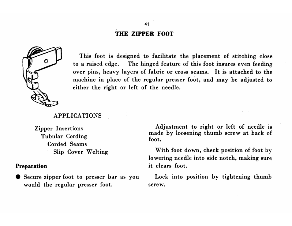 The zipper foot, Preparation | SINGER 115 User Manual | Page 43 / 56