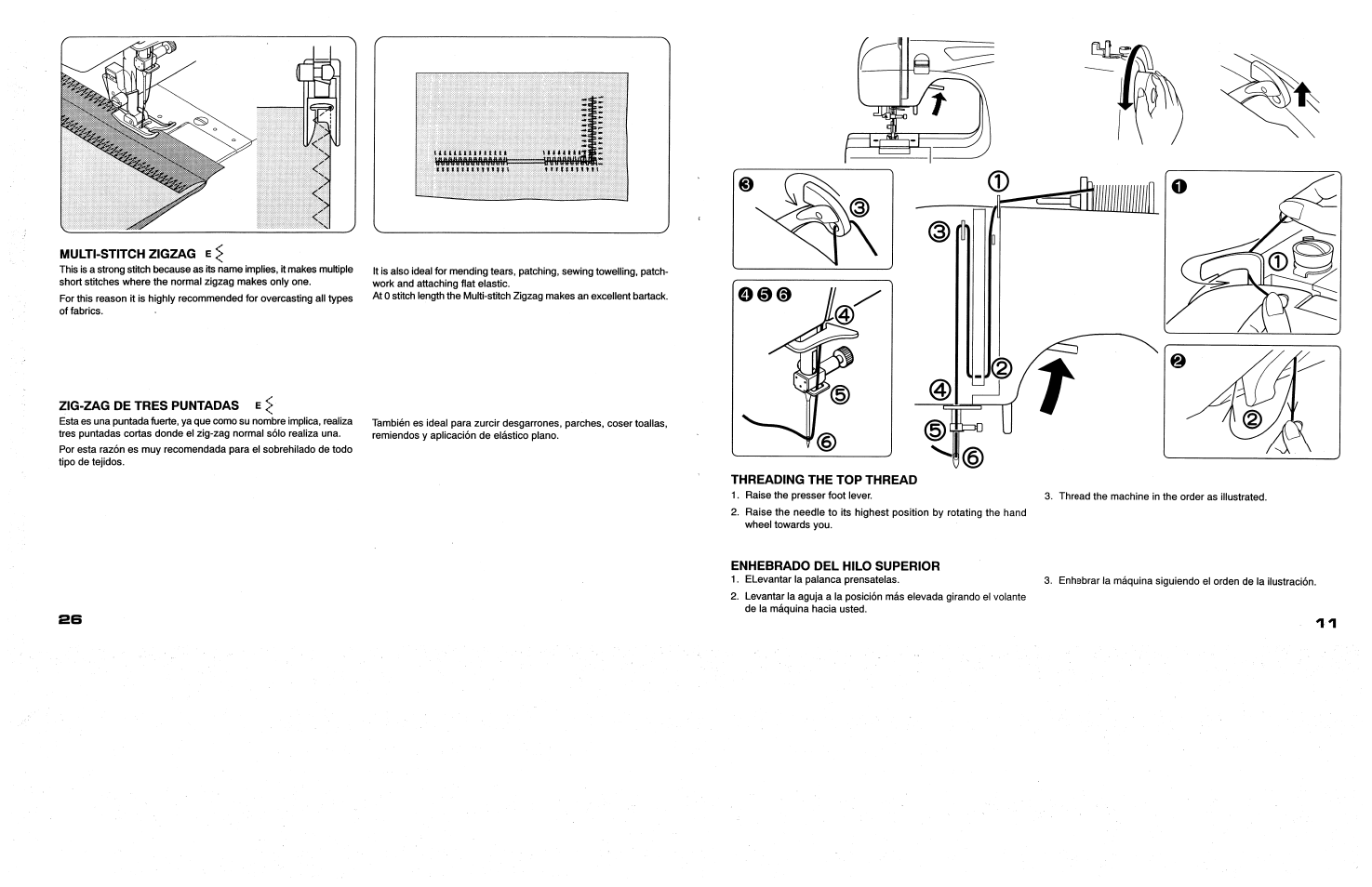 Threading the top thread, Enhebrado del hilo superior, Threading top thread | SINGER 117 FEATHERWEIGHT II User Manual | Page 13 / 40