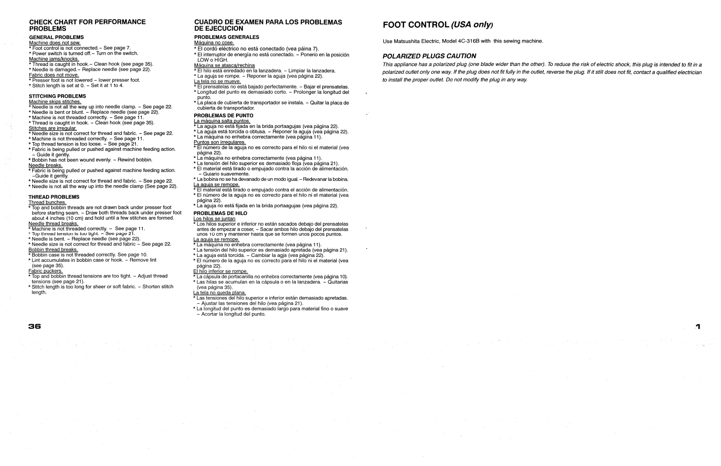 Check chart for performance problems, Cuadro de examen para los problemas de ejecucion, Cuadro de examen para los problemas de ejecución | SINGER 117 FEATHERWEIGHT II User Manual | Page 38 / 40