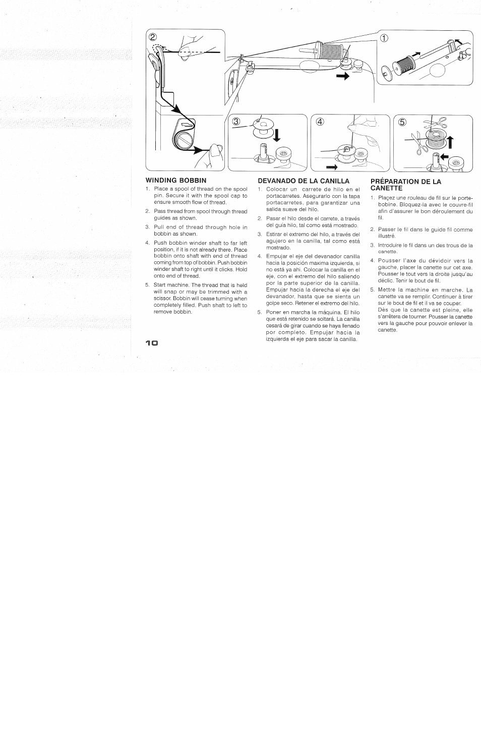Winding bobbin, Devanado de la canilla, Preparation de la canette | Devanado de ia caniiia, Préparation de ia canette | SINGER 118 FEATHERWEIGHT II User Manual | Page 12 / 44