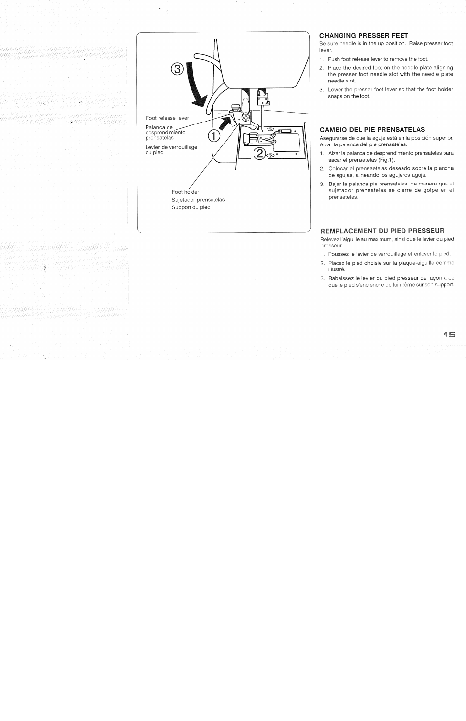 Changing presser feet, Cambio del pie prensatelas, Remplacement du pied presseur | Changing presserfeet, Cambio dei pie prensateias | SINGER 118 FEATHERWEIGHT II User Manual | Page 17 / 44