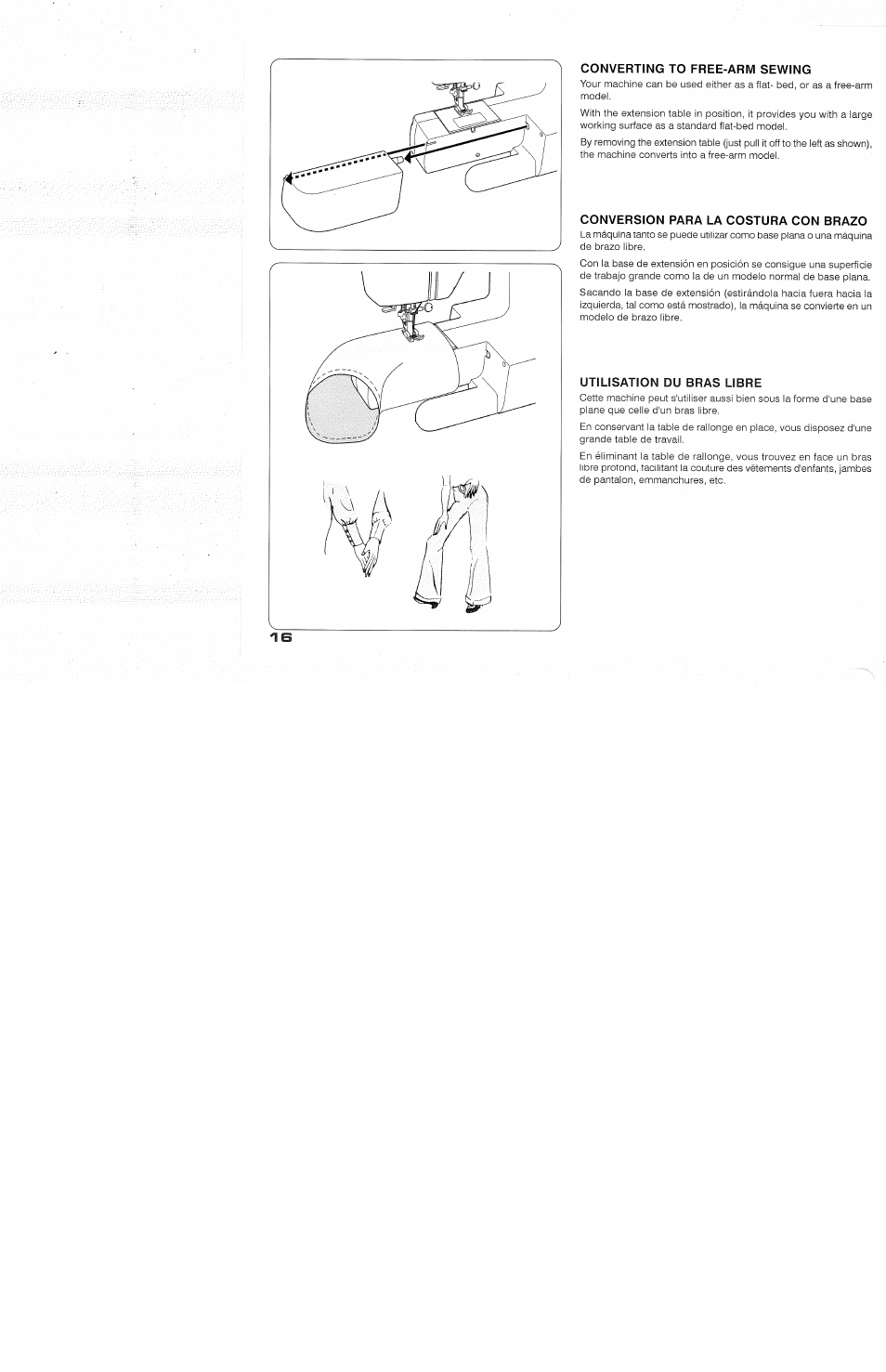 Converting to free-arm sewing, Conversion para la costura con brazo, Utilisation du bras libre | Converting to tree-arm sewing, Conversión para ia costura con brazo, Utiiisation du bras iibre | SINGER 118 FEATHERWEIGHT II User Manual | Page 18 / 44