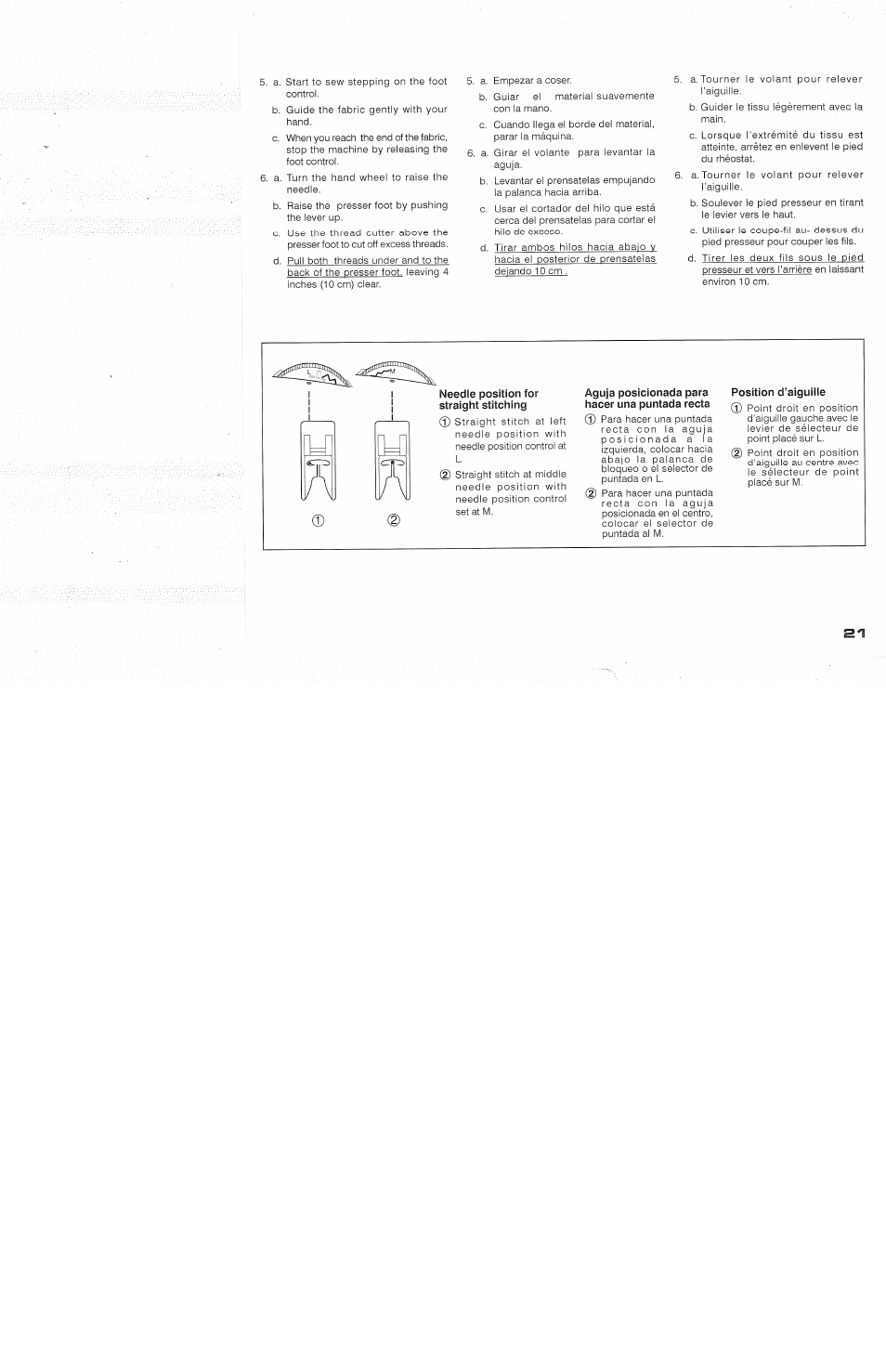 Needle position for straight stitching, Aguja posicionada para hacer una puntada recta, Position d’aiguille | SINGER 118 FEATHERWEIGHT II User Manual | Page 23 / 44