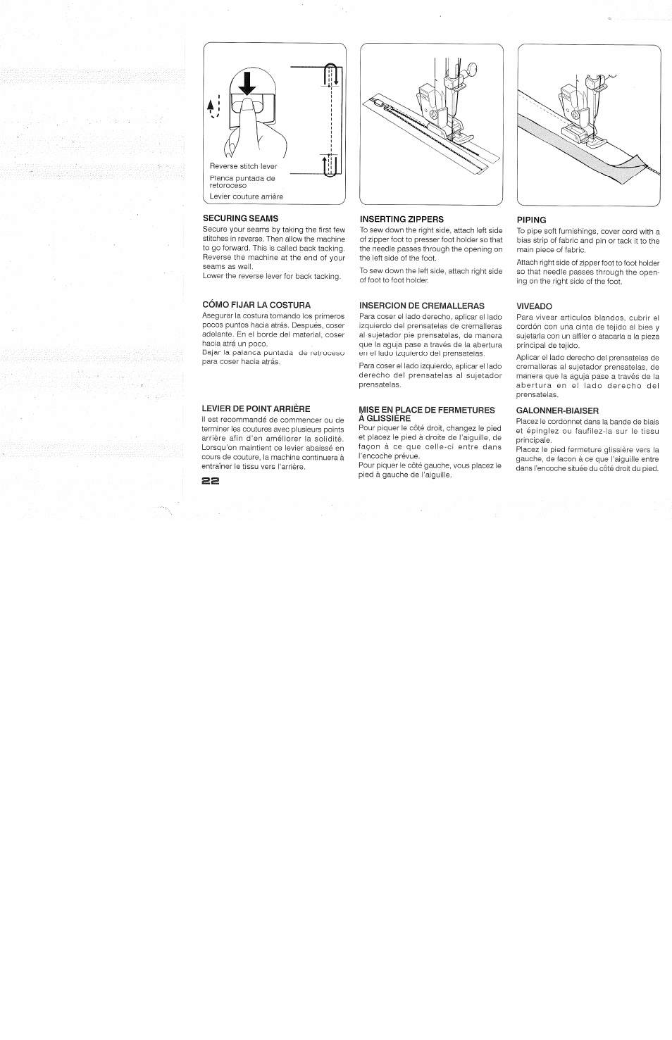 Securing seams, Inserting zippers, Piping | Como fijar la costura, Levier de point arriere, Insercion de cremalleras, Mise en place de fermetures à glissière, Viveado, Galonner-biaiser, Levier de point arrière | SINGER 118 FEATHERWEIGHT II User Manual | Page 24 / 44