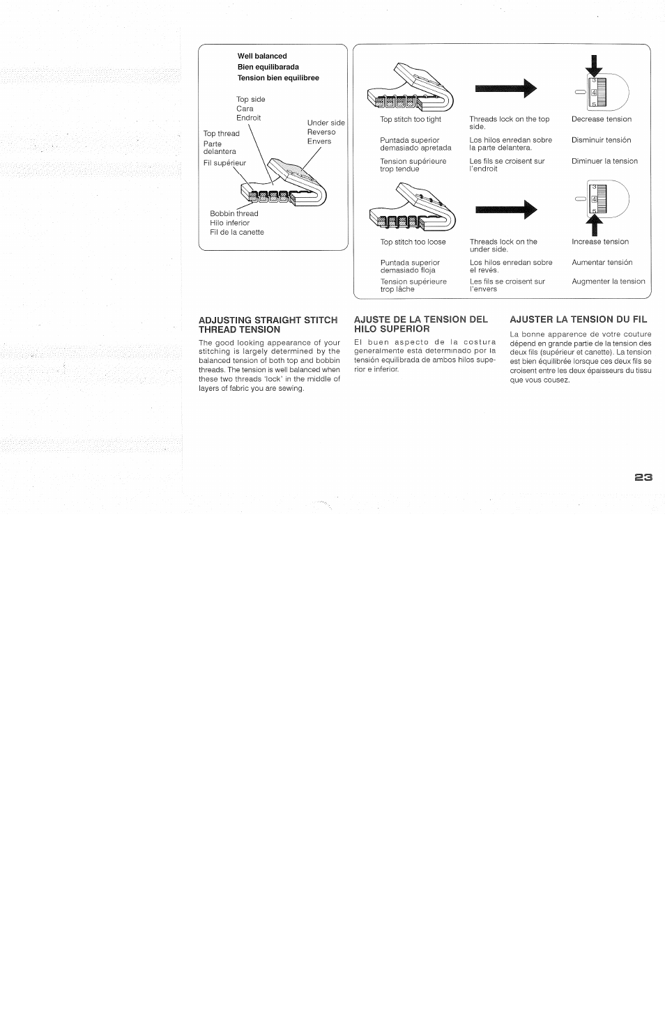Adjusting straight stitch thread tension, Ajuste de la tension del, Ajuster la tension du fil | Ajuster ia tension du fii | SINGER 118 FEATHERWEIGHT II User Manual | Page 25 / 44