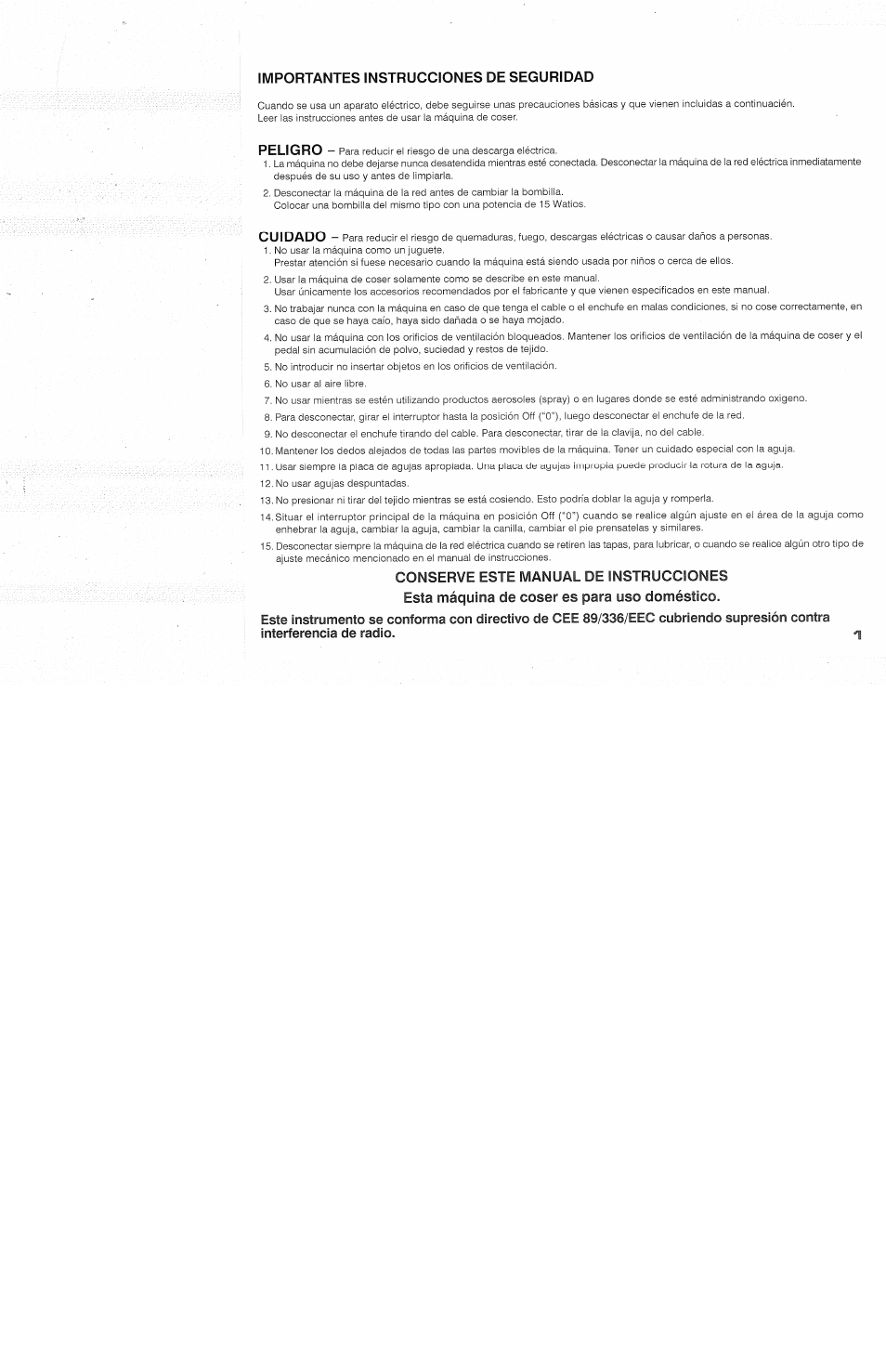 Importantes instrucciones de seguridad, Conserve este manual de instrucciones, Esta máquina de coser es para uso doméstico | SINGER 118 FEATHERWEIGHT II User Manual | Page 3 / 44