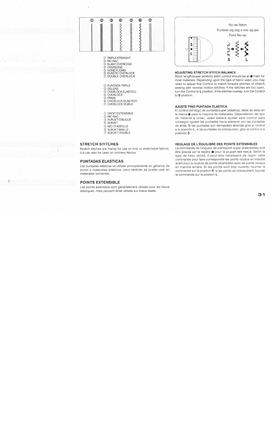 Stretch stitches, Puntadas elasticas, Points extensible | Stretch stitch -34, Puntada eiásticas -34, Points extensibies -34 | SINGER 118 FEATHERWEIGHT II User Manual | Page 33 / 44