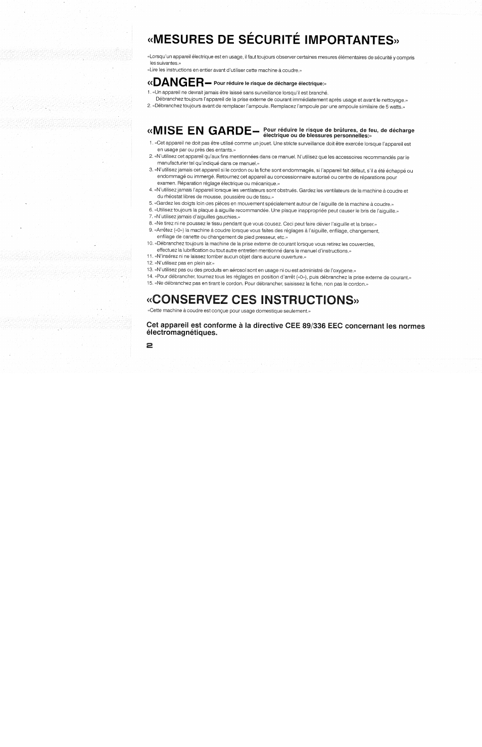 Mesures de securite importantes, Danger, Conservez ces instructions | SINGER 118 FEATHERWEIGHT II User Manual | Page 4 / 44