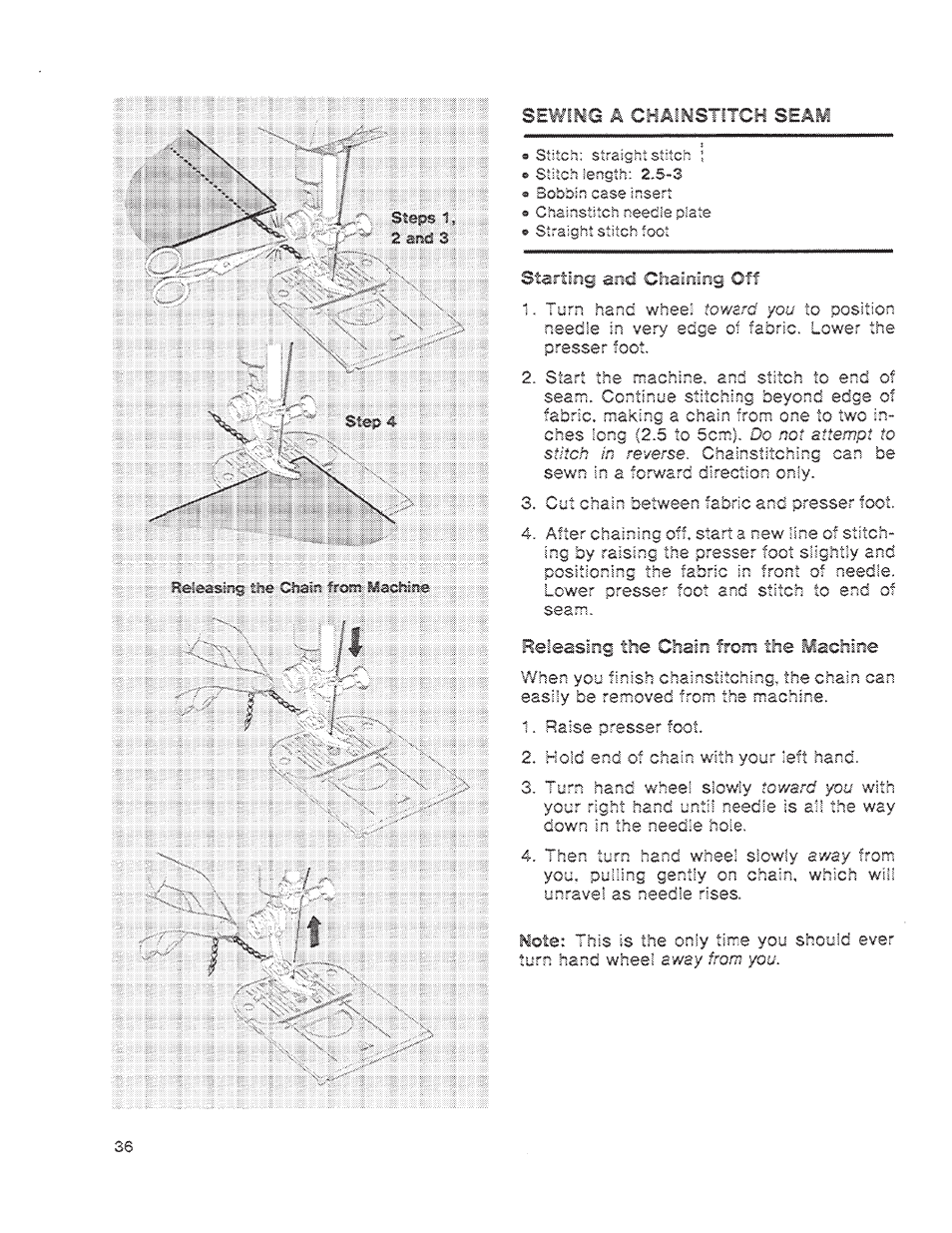 Starting and chaining off, Beleasiog the chain from the machine | SINGER 1200 Athena User Manual | Page 38 / 90