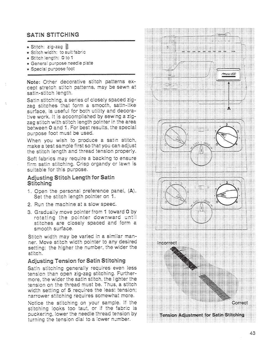 Satin stitcning, Adjusting stitch length for satin stitching, Adjusting tension for satin stitching | SINGER 1200 Athena User Manual | Page 45 / 90