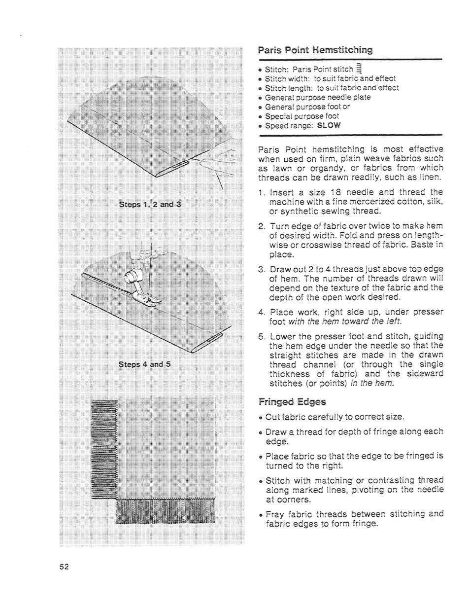 Paris point hemstitcliing, Fririged edges | SINGER 1200 Athena User Manual | Page 54 / 90