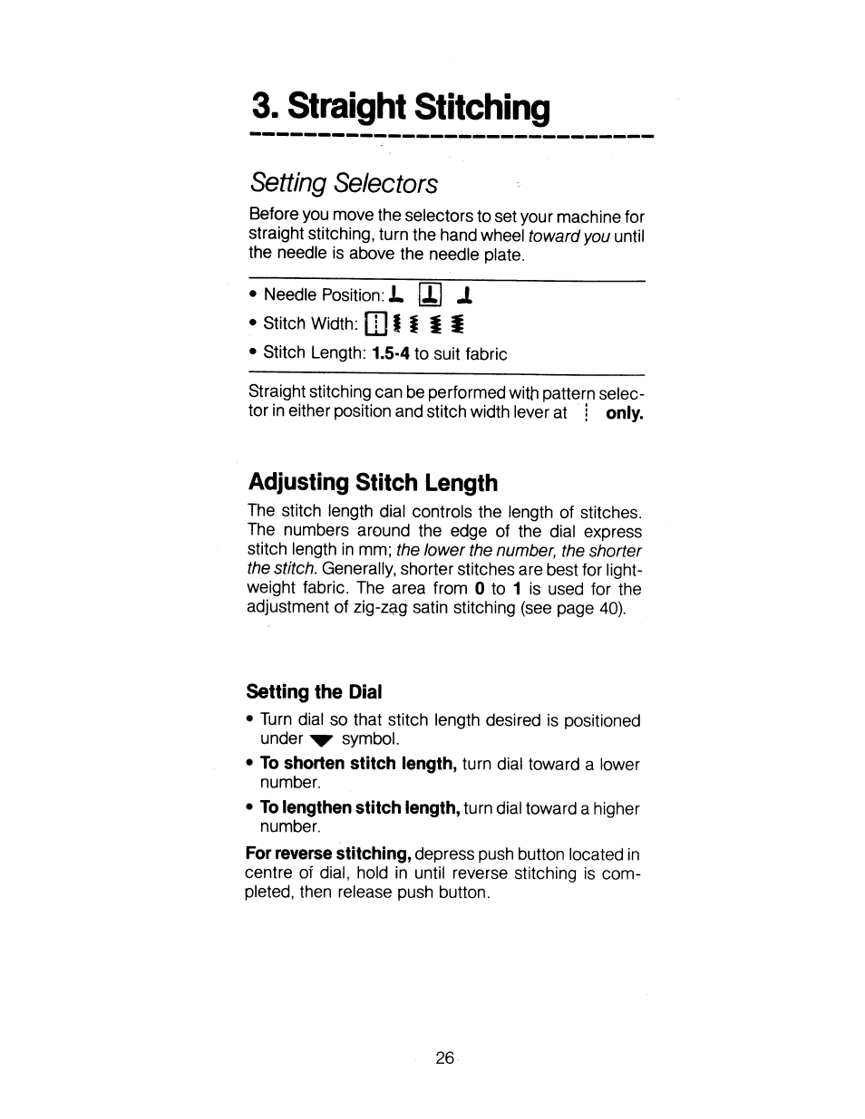 Straight stitching, Adjusting stitch length, Setting the dial | Setting selectors, 2 jl, Ii if | SINGER 1263 User Manual | Page 27 / 73