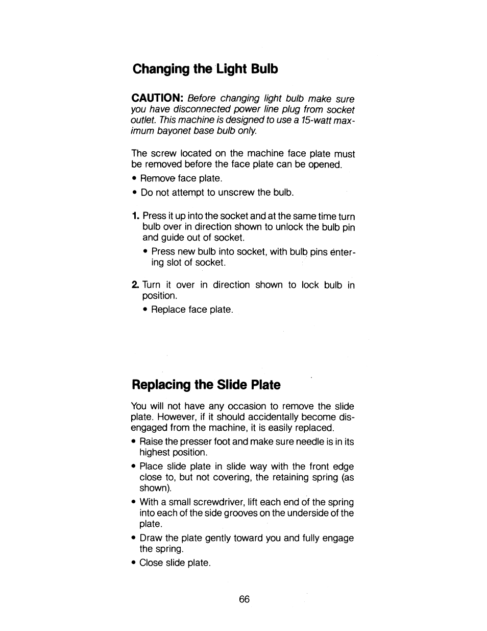 Changing the light buib, Replacing the slide plate, Caution | SINGER 1263 User Manual | Page 67 / 73