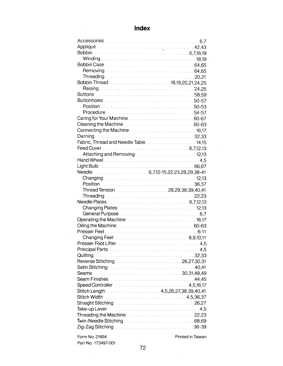 Index | SINGER 1263 User Manual | Page 73 / 73