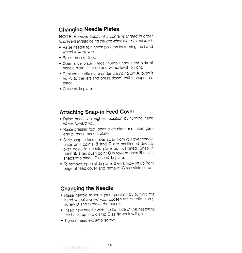 Attaching snap-in feed cover, Changing the needle, Changing needle plates | SINGER 1280 User Manual | Page 15 / 89