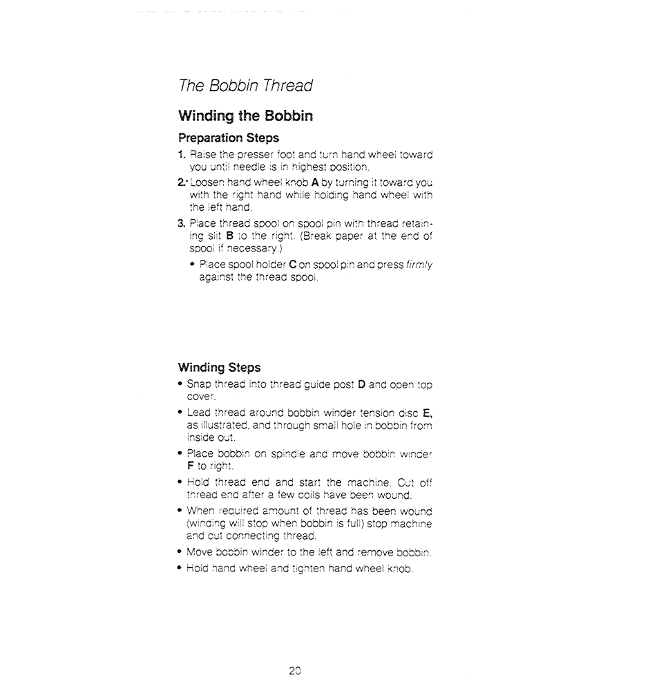 The bobbin thread, Winding the bobbin, Preparation steps | Winding steps | SINGER 1280 User Manual | Page 21 / 89