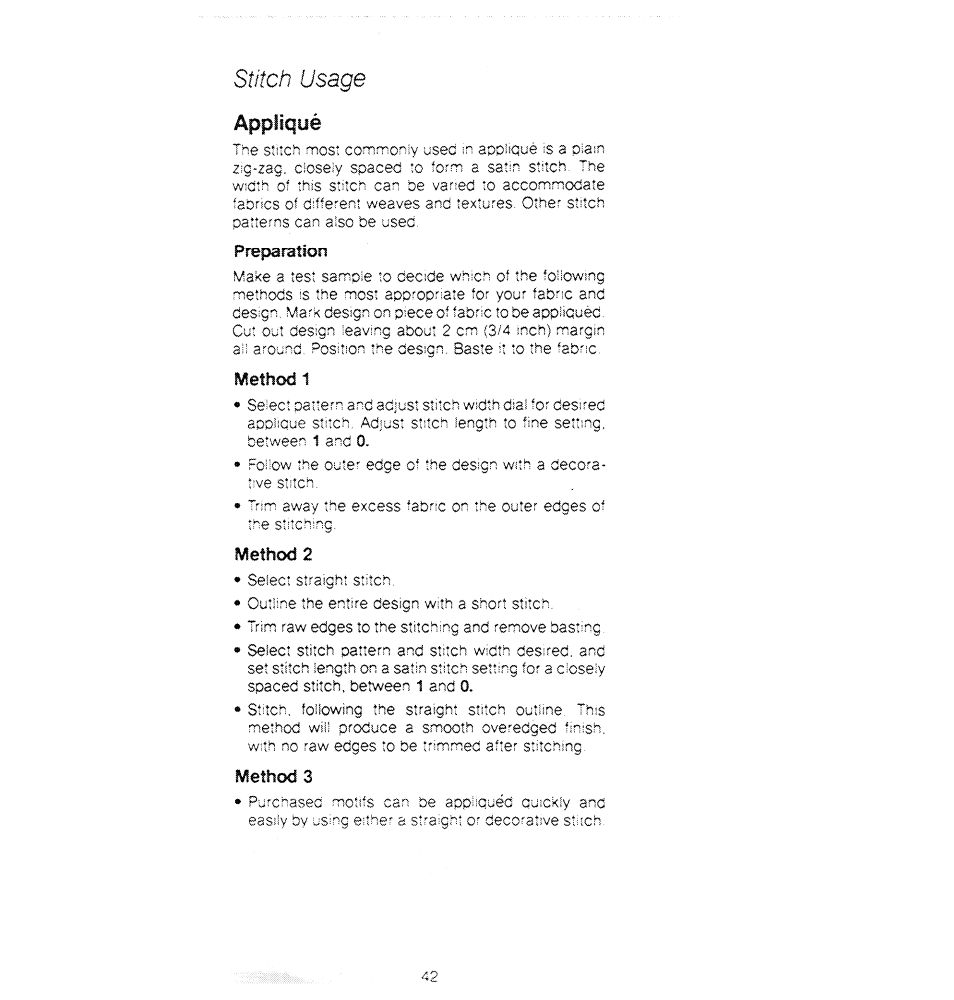 Stitch usage, Preparation, Method 1 | Method 2, Method 3 | SINGER 1280 User Manual | Page 43 / 89