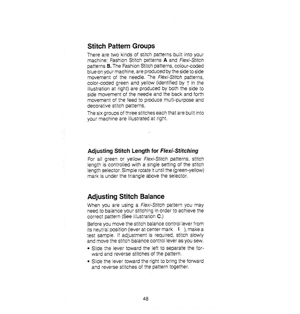 Stitch pattern groups, Adjusting stitch length for flexhstitchmg, Adjusting stitch balance | SINGER 1280 User Manual | Page 49 / 89