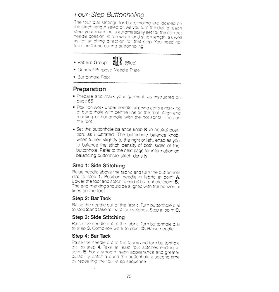 Preparation, Step 1: side stitching, Step 2: bar tack | Step 3: side stitching, Step 4: bar tack, Four-step buttonholing | SINGER 1280 User Manual | Page 71 / 89