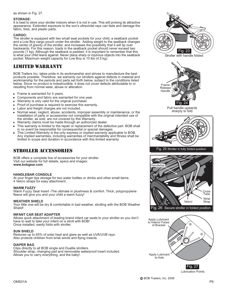 Limited warranty, Stroller accessories | BOB OMS09B User Manual | Page 6 / 7