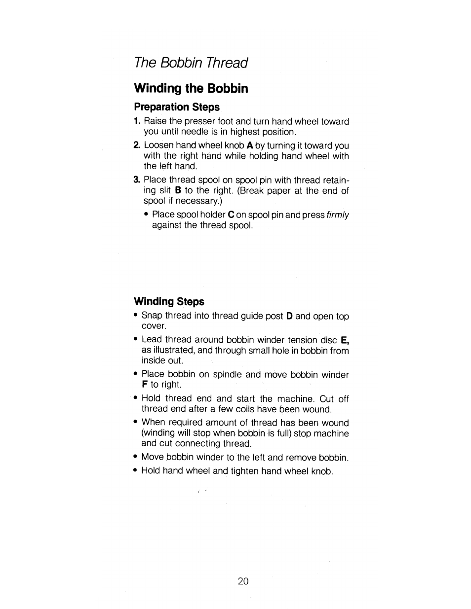 The bobbin thread, Winding the bobbin, Preparation steps | Winding steps | SINGER 1288 User Manual | Page 21 / 89