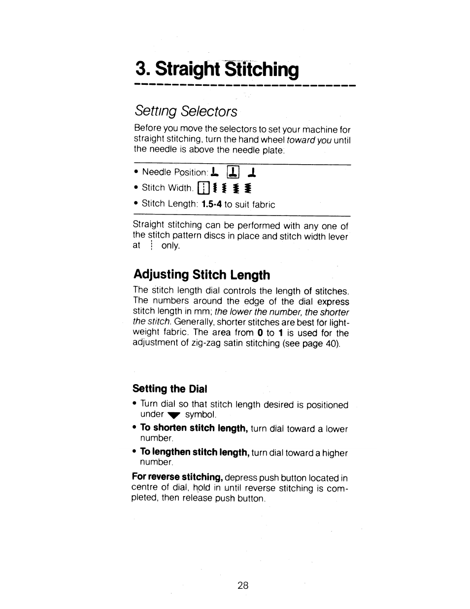 Setting selectors, Adjusting stitch length, Setting the dial | SINGER 1288 User Manual | Page 29 / 89