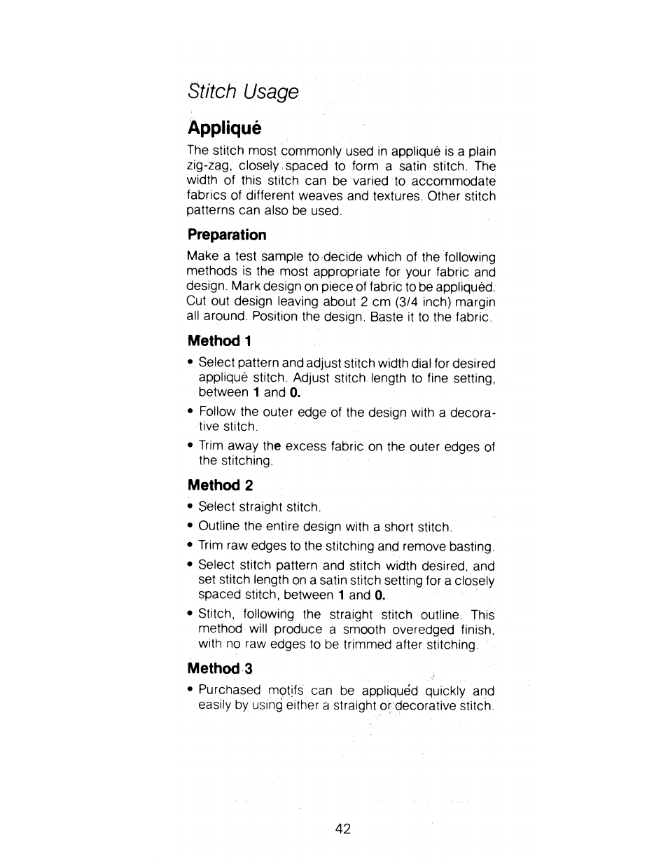 Stitch usage, Appliqué, Preparation | Method 1, Method 2, Methods | SINGER 1288 User Manual | Page 43 / 89