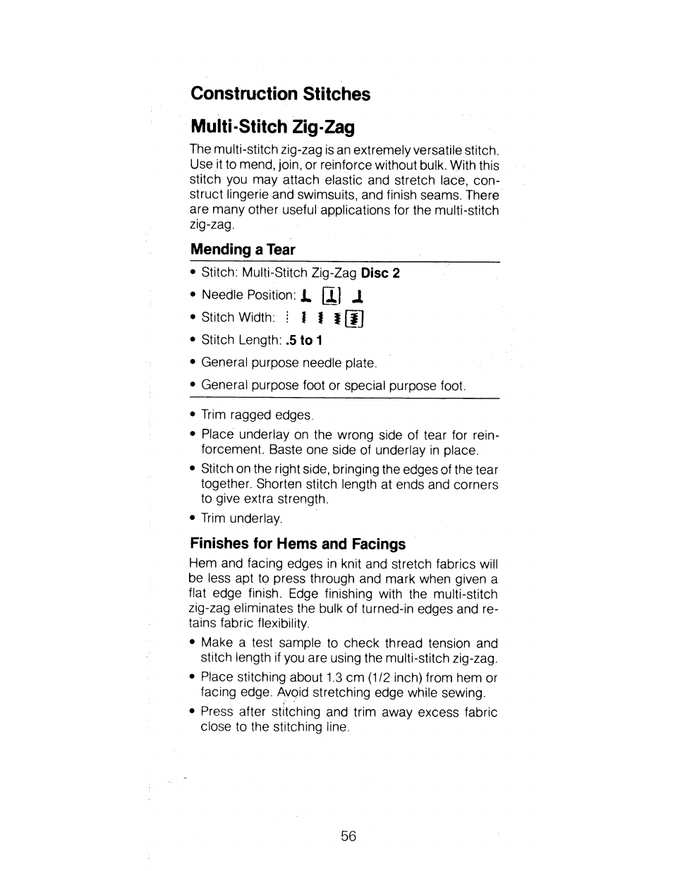 Construction stitches multi-stitch zig-zag, Mending a tear, Finishes for hems and facings | SINGER 1288 User Manual | Page 57 / 89