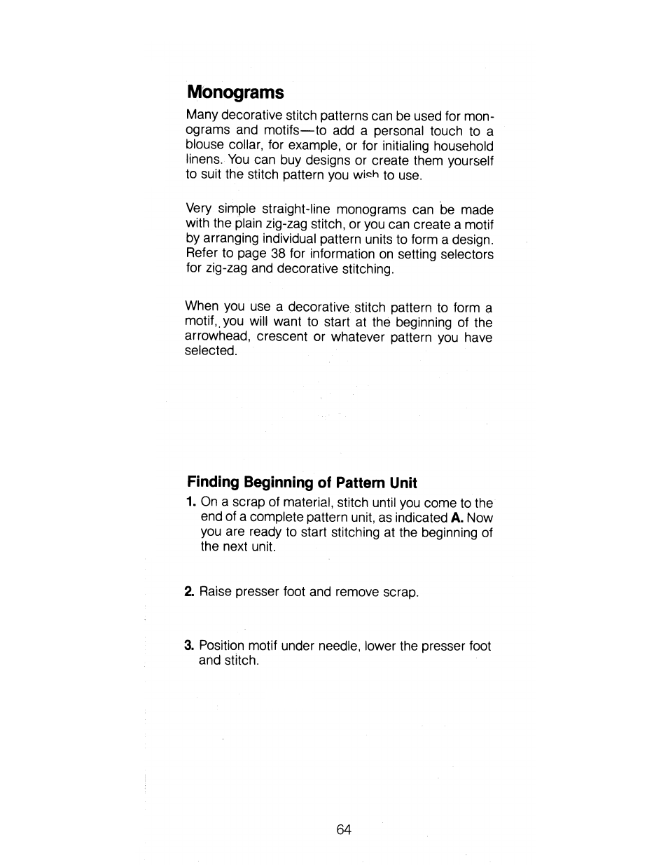 Monograms, Finding beginning of pattern unit | SINGER 1288 User Manual | Page 65 / 89