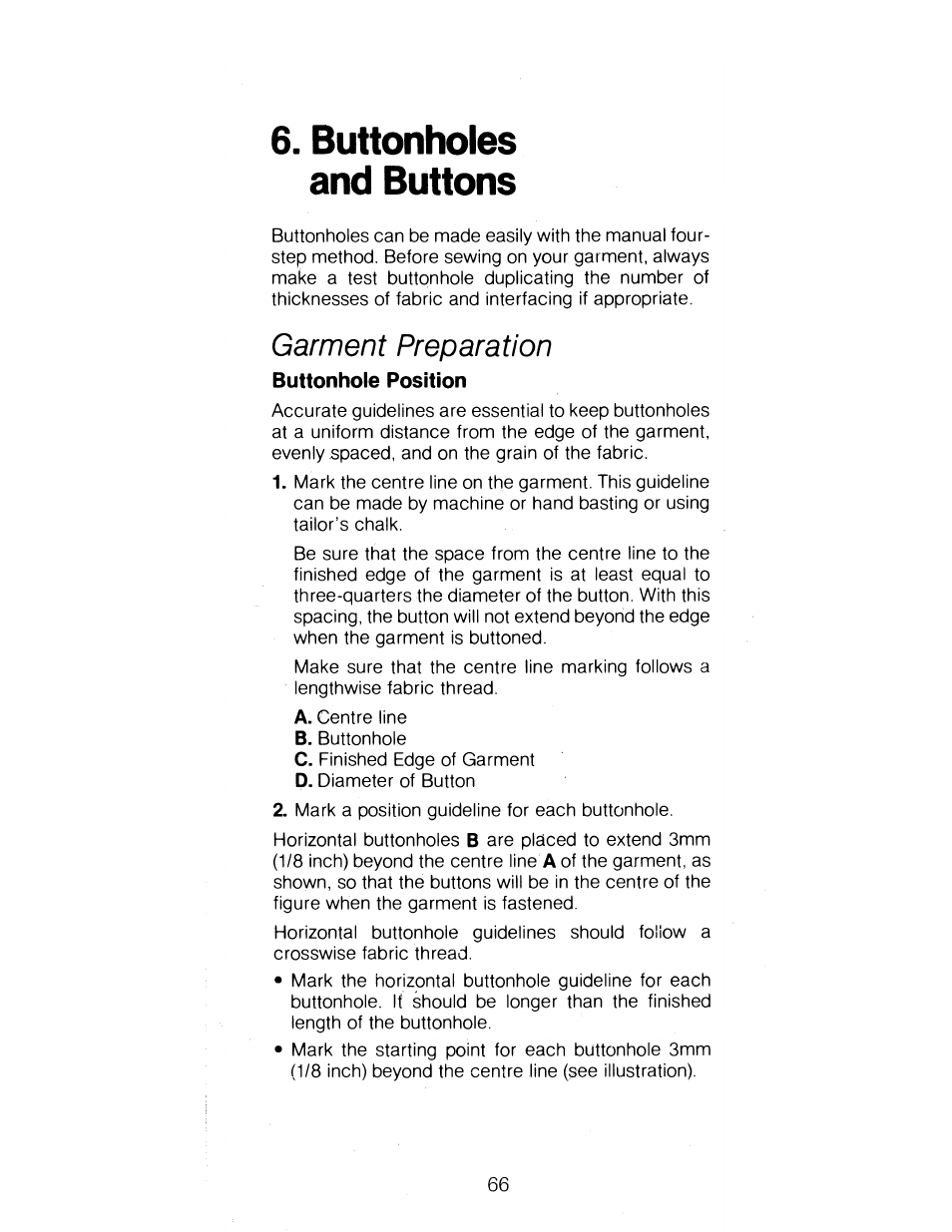 Buttonholes and buttons, Garment preparation, Buttonhole position | Buttonhoies and buttons | SINGER 1288 User Manual | Page 67 / 89