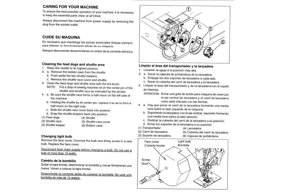 Caring for your machine, Cuide su maquina, Changing light bulb | Cambio de la bombilla | SINGER 132Q FEATHERWEIGHT User Manual | Page 30 / 32