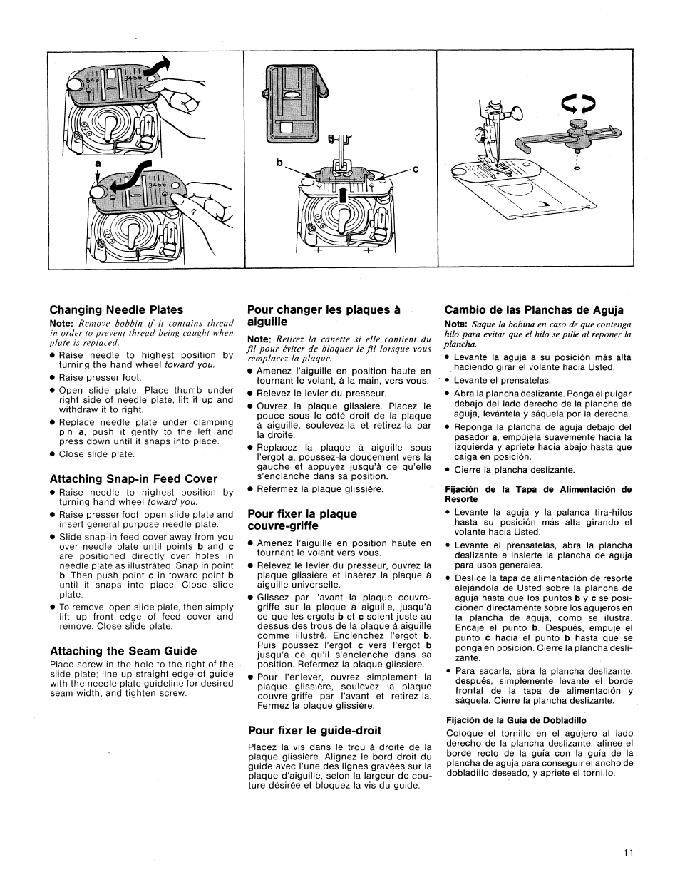 Changing needle plates, Attaching snap-in feed cover, Attaching the seam guide | Pour changer les plaques à aiguille, Pour fixer la plaque couvre-griffe, Pour fixer le guide-droit, Cambio de las planchas de aguja, Fijación de la tapa de alimentación de resorte, Fijación de la guía de dobladillo, Attaching seam guide | SINGER 1411 User Manual | Page 13 / 82