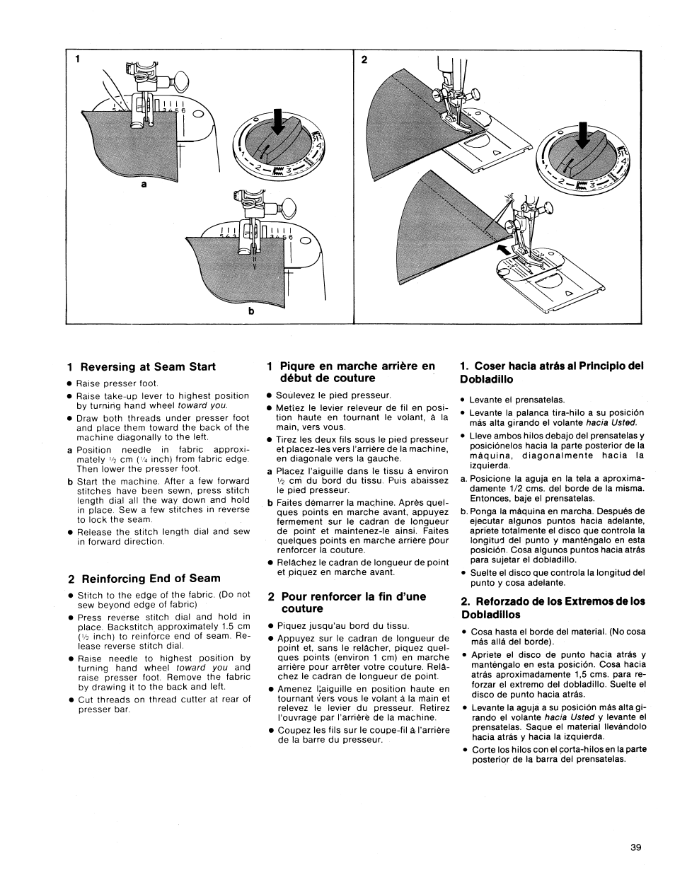 1 reversing at seam start, 2 reinforcing end of seam, 1 piqûre en marche arrière en début de couture | 2 pour renforcer la fin d’une couture, Coser hacia atrás al principio del dobladillo, Reforzado de los extremos de los dobladillos, Reinforcing end of seams, Piqûre en marche arrière en début de, Couture, Coser hacia atrás al principio del | SINGER 1411 User Manual | Page 41 / 82