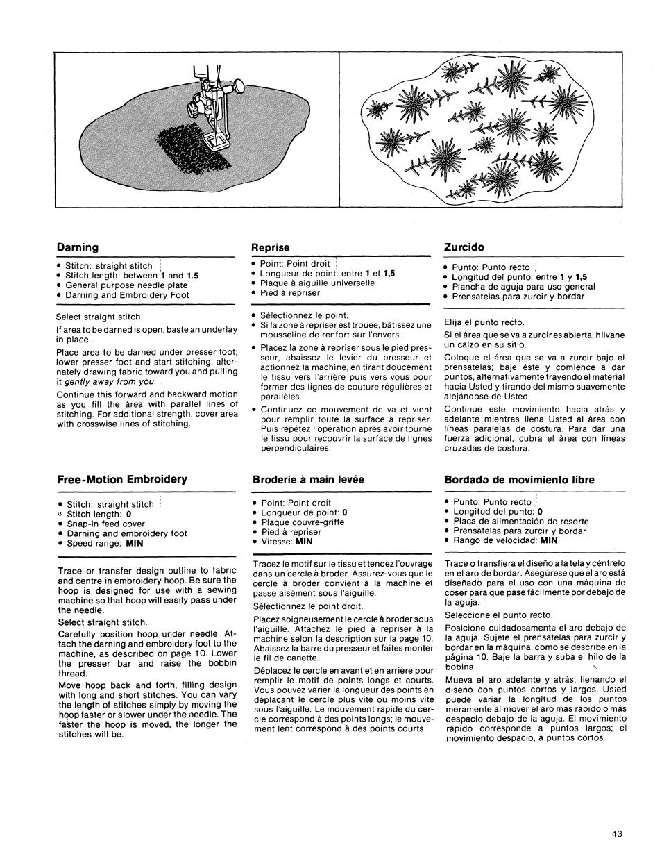 Darning, Reprise, Zurcido | Free-motion embroidery, Broderie à main ievée, Bordado de movimiento libre | SINGER 1411 User Manual | Page 45 / 82