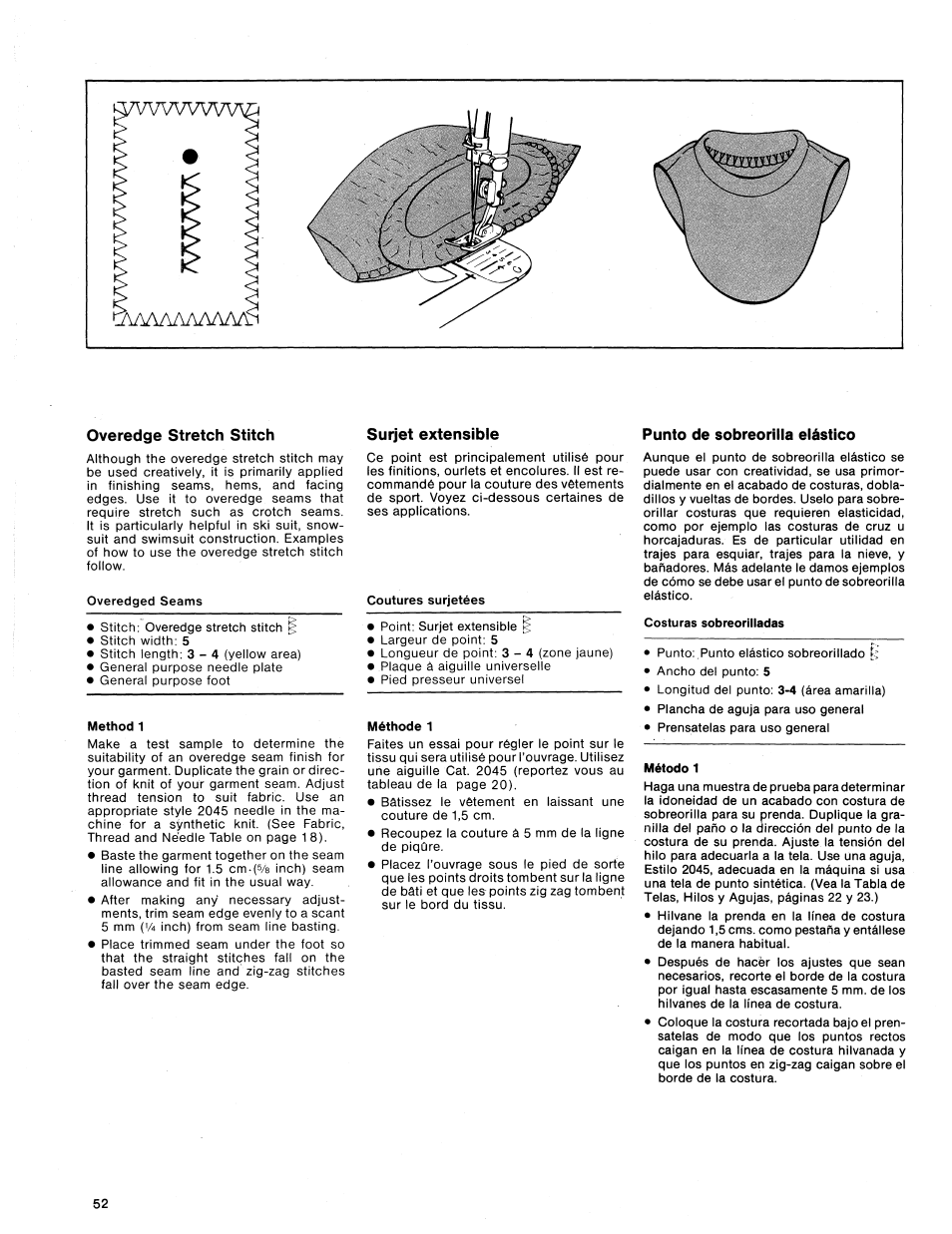 Overedge stretch stitch, Method 1, Surjet extensible | Coutures surjetées, Punto de sobreorilla elástico | SINGER 1411 User Manual | Page 54 / 82