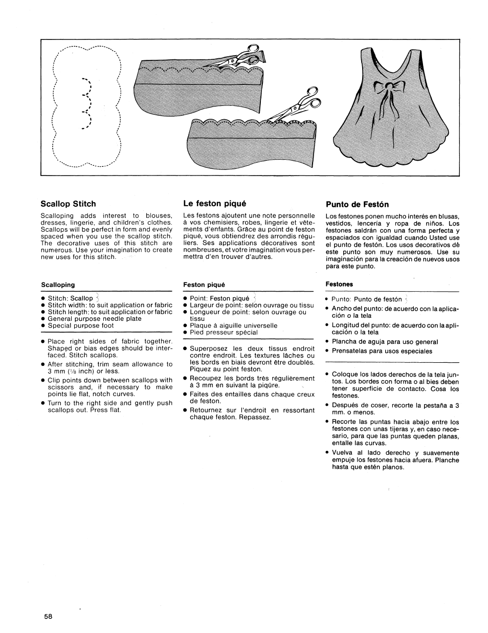 Scallop stitch, Le feston piqué, Punto de festón | Scalloping, Feston piqué, Festones | SINGER 1411 User Manual | Page 60 / 82