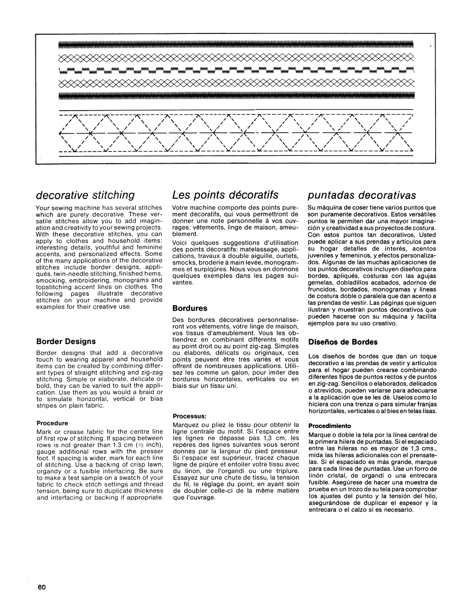 Decorative stitching, Border designs, Procedure | Bordures, Processus, Diseños de bordes, Procedimiento, Les points décoratifs puntadas decorativas | SINGER 1411 User Manual | Page 62 / 82