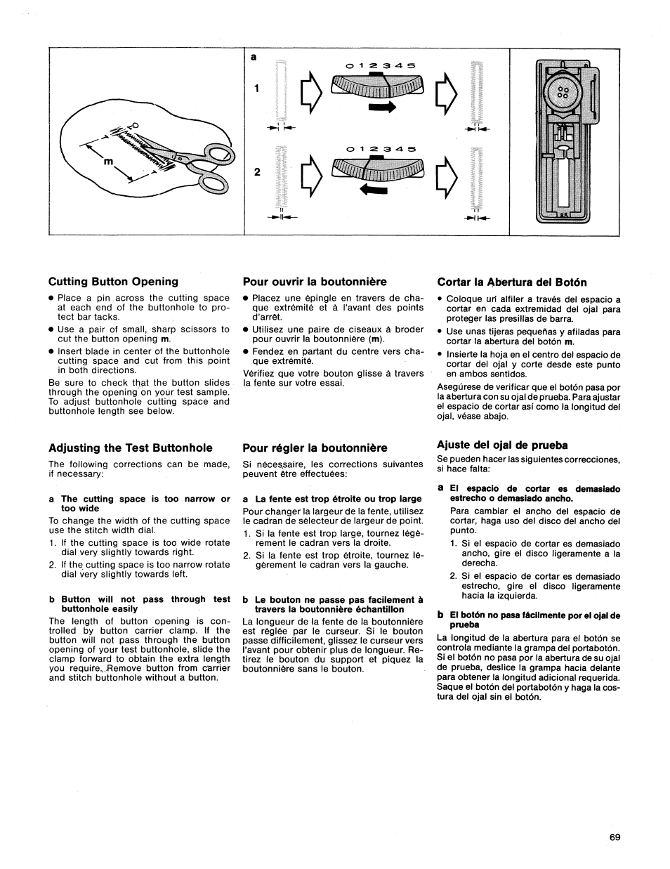 Cutting button opening, Pour ouvrir la boutonnière, Cortar la abertura del botón | Ajuste del ojal de prueba | SINGER 1411 User Manual | Page 71 / 82