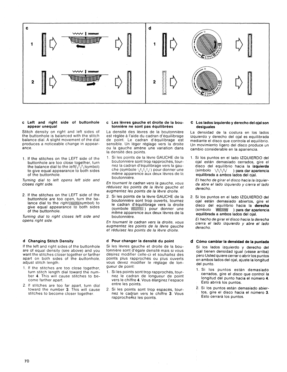 C left and right side of buttonhole appear unequal, D changing stitch density, D pour changer la densité du point | Cómo cambiar la densidad de la puntada | SINGER 1411 User Manual | Page 72 / 82