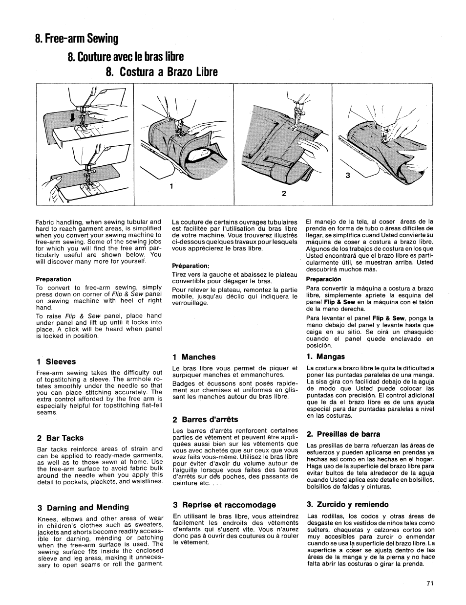 Preparation, 1 sleeves, 2 bar tacks | Préparation, 1 manches, 2 barres d’arrêts, Mangas, Presillas de barra, 3 darning and mending, 3 reprise et raccomodage | SINGER 1411 User Manual | Page 73 / 82