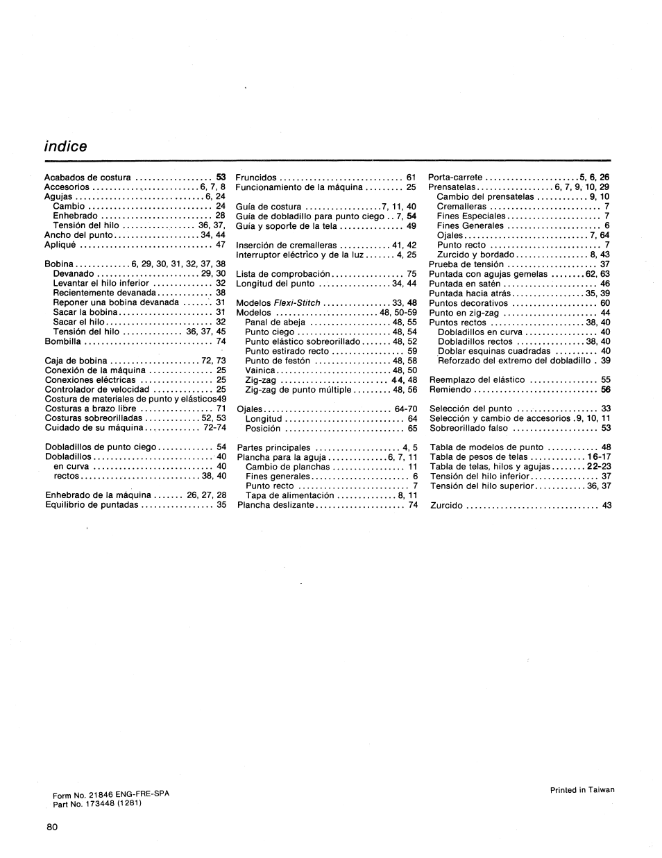 Indice | SINGER 1411 User Manual | Page 82 / 82