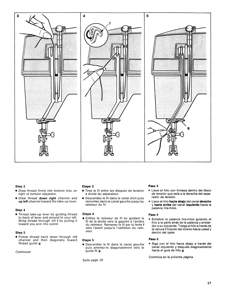 Step 3, Step 4, Step 5 | Etape 3, Etape 4, Etape 5, Paso 3, Paso 4, Paso 5 | SINGER 1425 User Manual | Page 28 / 90