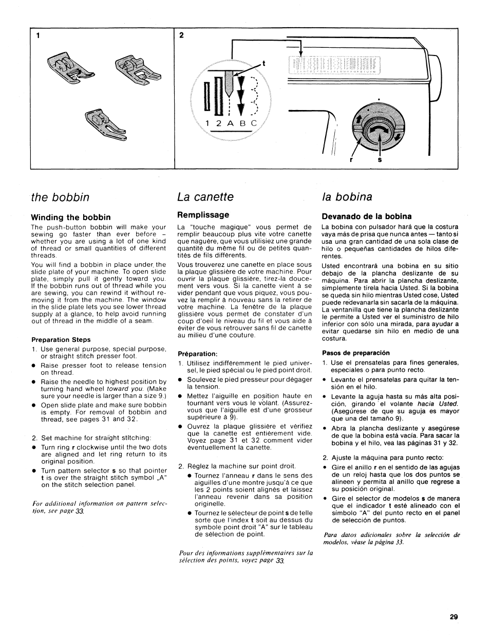 The bobbin, La canette, La bobina | Winding the bobbin, Preparation steps, Remplissage, Préparation, Devanado de la bobina, Pasos de preparación, The bobbin la canette la bobina | SINGER 1425 User Manual | Page 30 / 90