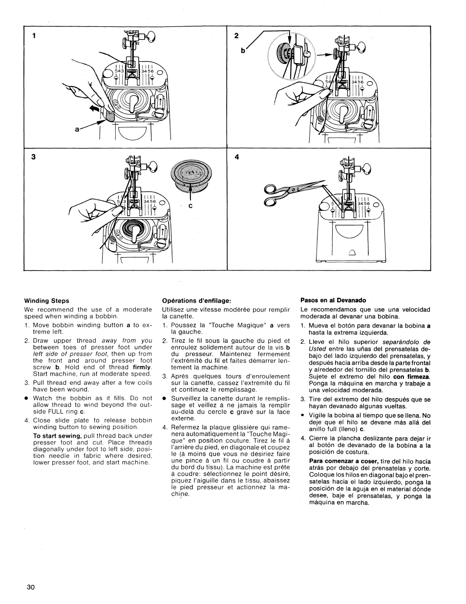 Winding steps, Opérations d’enfilage, Pasos en al devanado | SINGER 1425 User Manual | Page 31 / 90