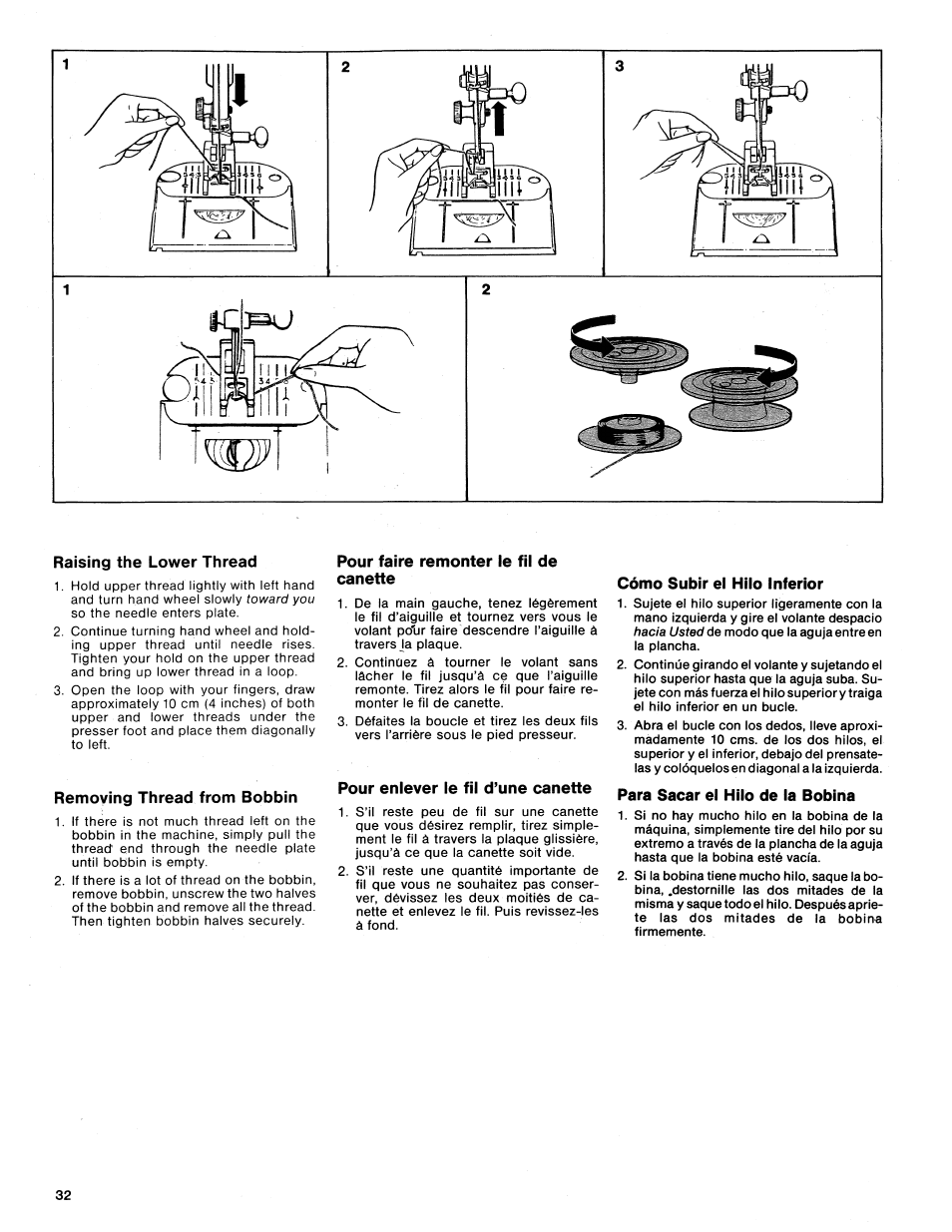 Raising the lower thread, Removing thread from bobbin, Pour faire remonter le fil de canette | Pour enlever le fil d’une canette, Cómo subir el hilo inferior, Para sacar el hilo de la bobina | SINGER 1425 User Manual | Page 33 / 90